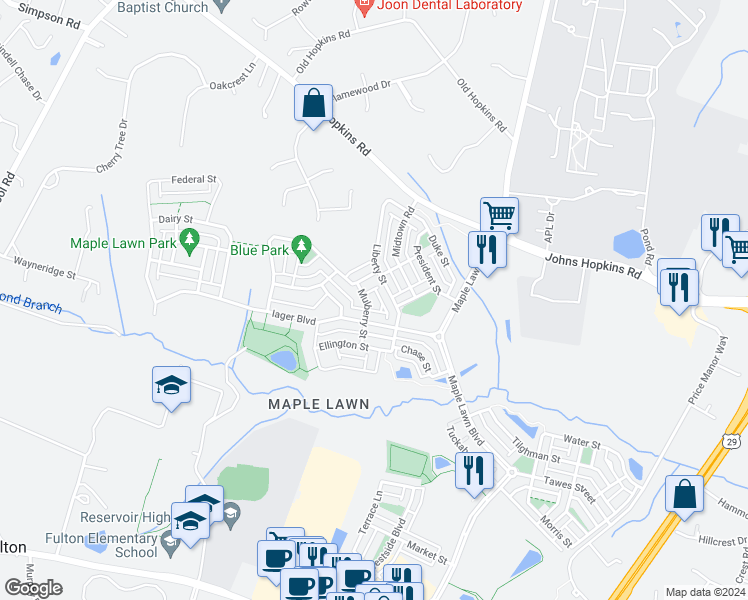 map of restaurants, bars, coffee shops, grocery stores, and more near 7619 Mulberry Street in Fulton