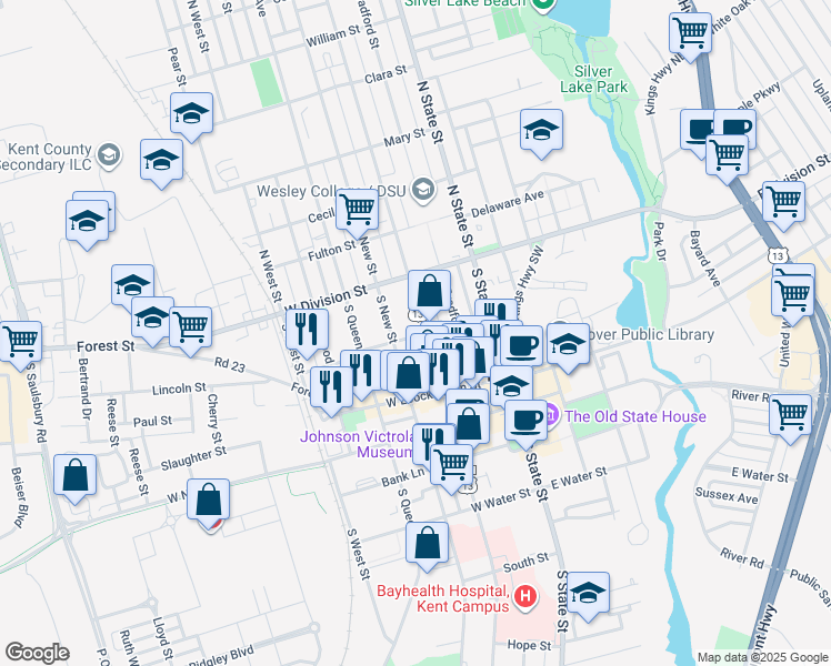 map of restaurants, bars, coffee shops, grocery stores, and more near 108 U.S. 13 Alternate in Dover