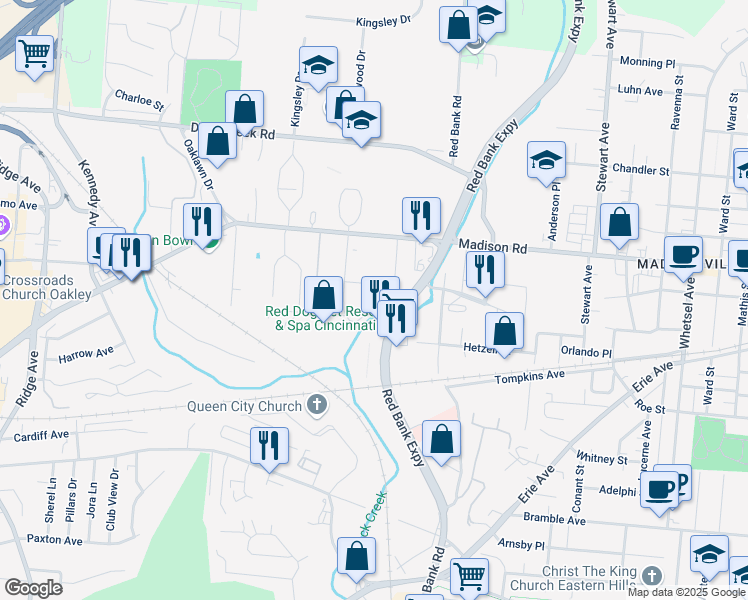 map of restaurants, bars, coffee shops, grocery stores, and more near 5215 Herringbone Drive in Cincinnati