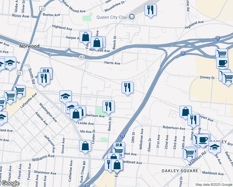 map of restaurants, bars, coffee shops, grocery stores, and more near 4590 Beech Street in Norwood