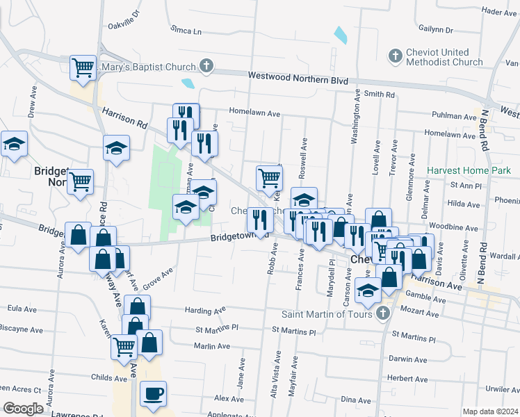 map of restaurants, bars, coffee shops, grocery stores, and more near 4153 Harrison Avenue in Cincinnati