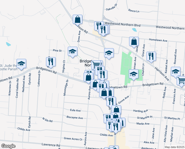 map of restaurants, bars, coffee shops, grocery stores, and more near 5536 Bridgetown Road in Cincinnati