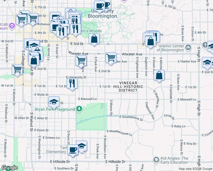 map of restaurants, bars, coffee shops, grocery stores, and more near 804 South Woodlawn Avenue in Bloomington
