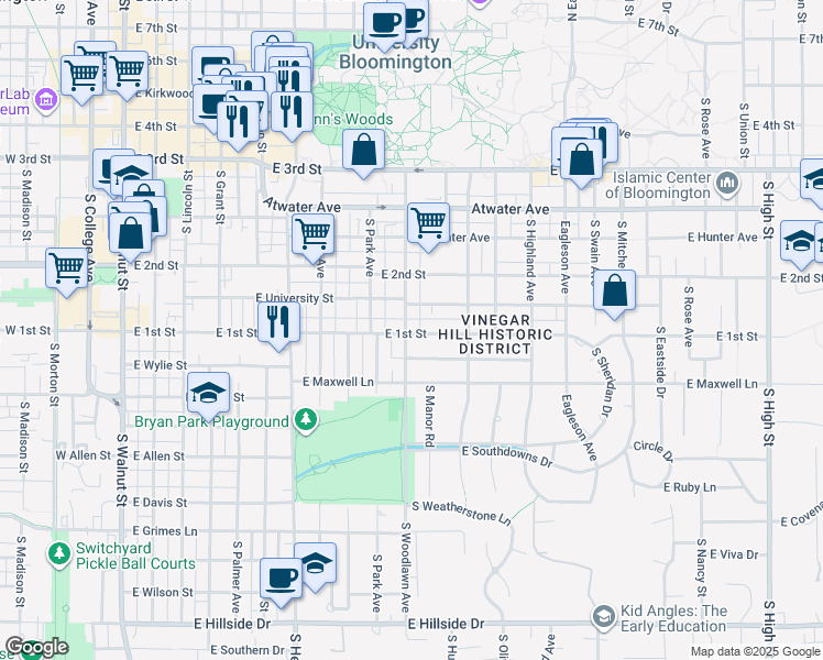 map of restaurants, bars, coffee shops, grocery stores, and more near 804 South Woodlawn Avenue in Bloomington
