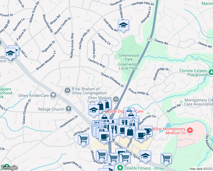 map of restaurants, bars, coffee shops, grocery stores, and more near 18417 Shady View Lane in Brookeville