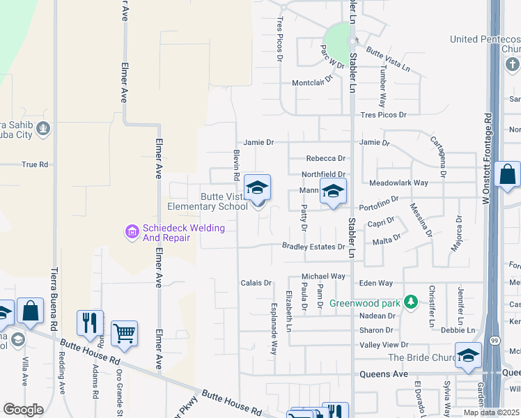 map of restaurants, bars, coffee shops, grocery stores, and more near 2195 Blevin Road in Yuba City