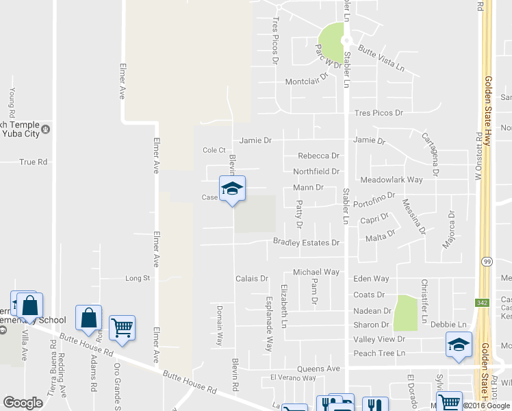 map of restaurants, bars, coffee shops, grocery stores, and more near 2195 Blevin Road in Yuba City