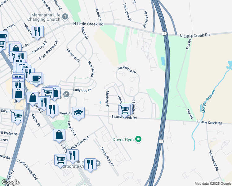 map of restaurants, bars, coffee shops, grocery stores, and more near 155 Holmes Street in Dover