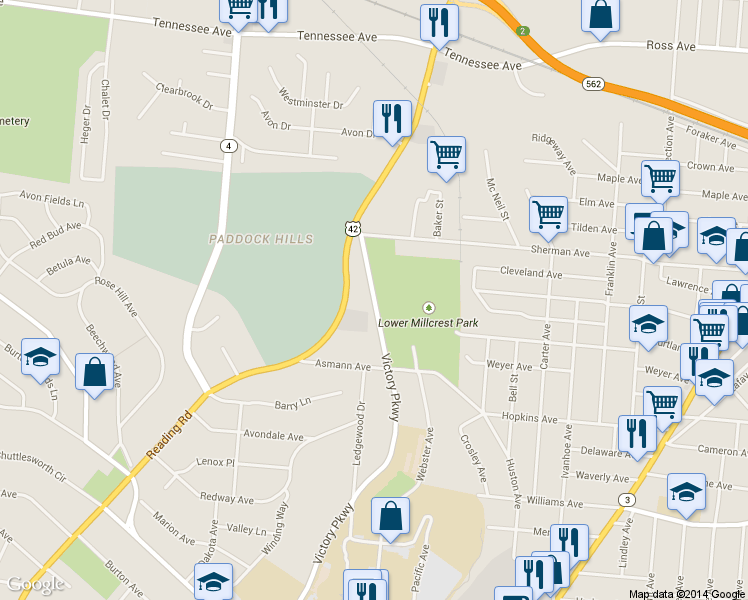 map of restaurants, bars, coffee shops, grocery stores, and more near 4150 Reading Road in Cincinnati
