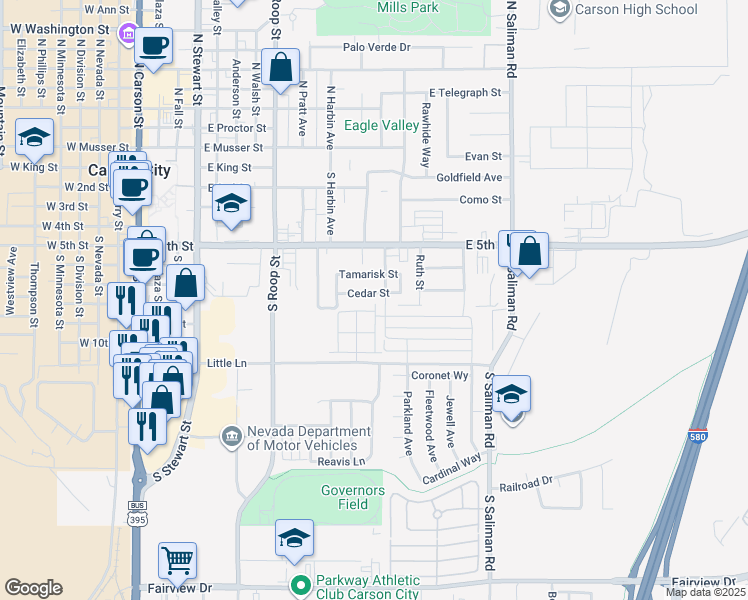 map of restaurants, bars, coffee shops, grocery stores, and more near 1123 Cedar Street in Carson City