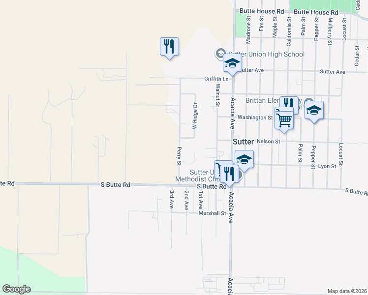 map of restaurants, bars, coffee shops, grocery stores, and more near 2135 Perry Street in Sutter