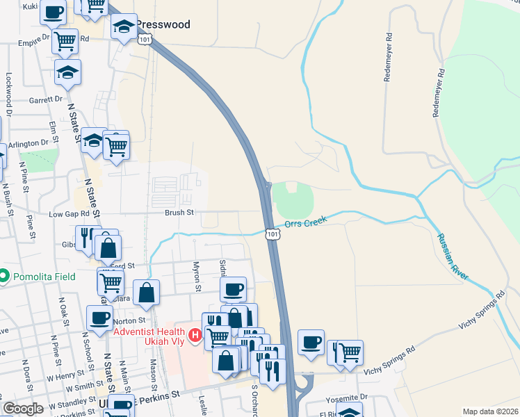 map of restaurants, bars, coffee shops, grocery stores, and more near Redwood Highway in Ukiah