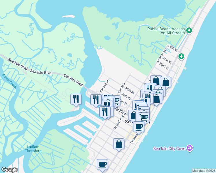 map of restaurants, bars, coffee shops, grocery stores, and more near 317 40th Street in Sea Isle City