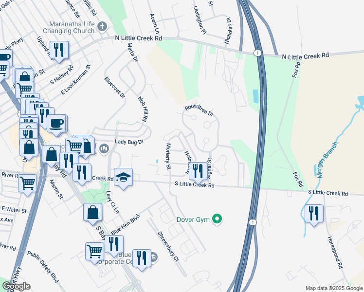 map of restaurants, bars, coffee shops, grocery stores, and more near 155 Holmes Street in Dover