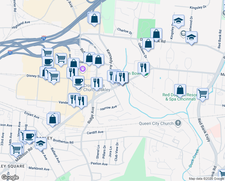 map of restaurants, bars, coffee shops, grocery stores, and more near 3576 Madison Park Avenue in Cincinnati