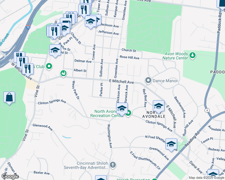 map of restaurants, bars, coffee shops, grocery stores, and more near 3959 Dickson Avenue in Cincinnati