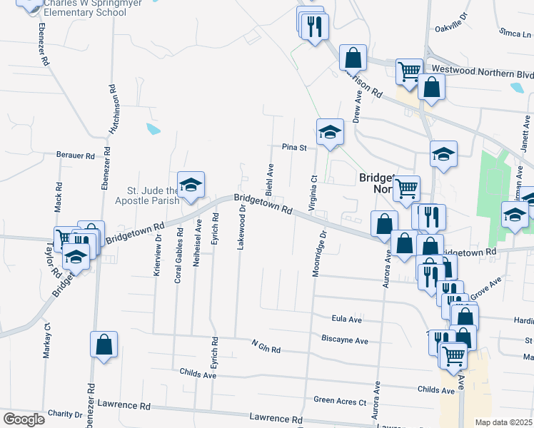 map of restaurants, bars, coffee shops, grocery stores, and more near 5771 Bridgetown Road in Cincinnati