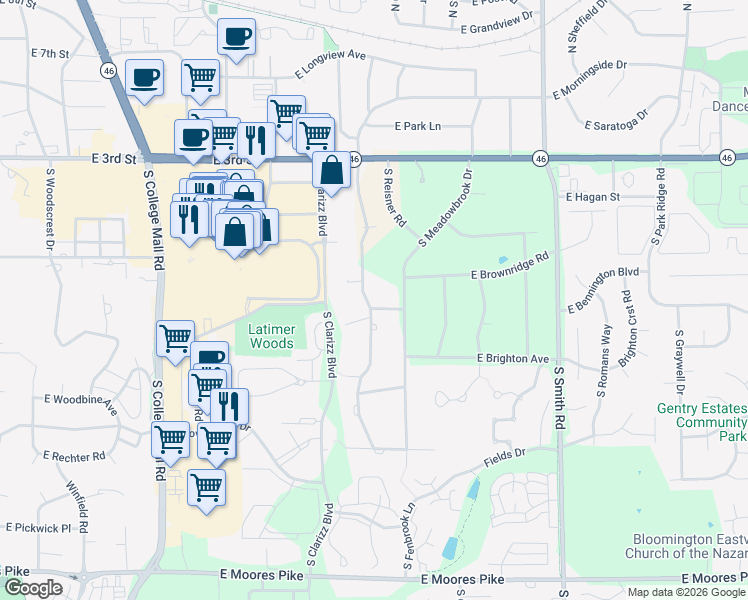 map of restaurants, bars, coffee shops, grocery stores, and more near 701 South Pleasant Ridge Road in Bloomington