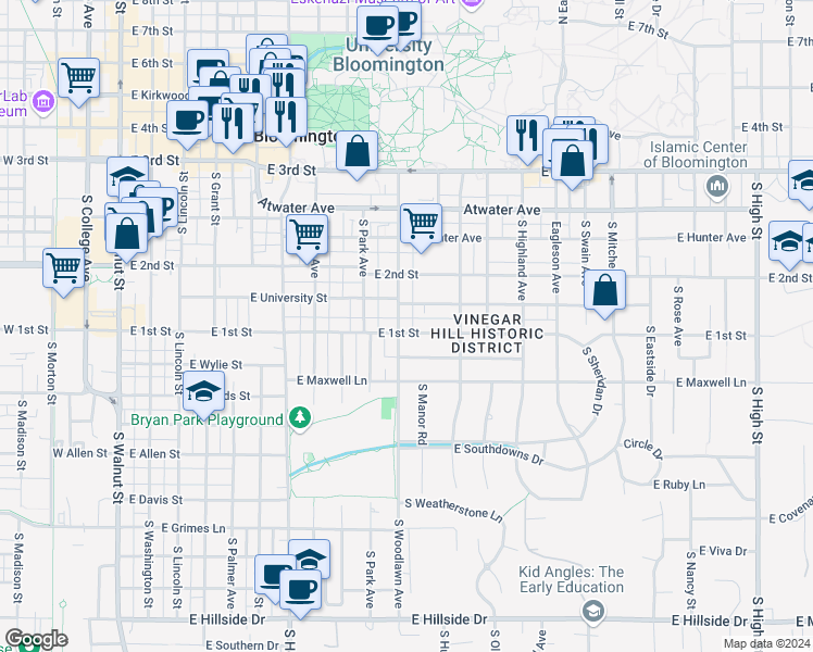 map of restaurants, bars, coffee shops, grocery stores, and more near 804 South Woodlawn Avenue in Bloomington