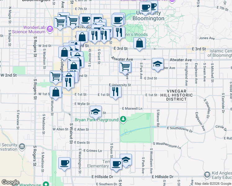 map of restaurants, bars, coffee shops, grocery stores, and more near 524 East 1st Street in Bloomington