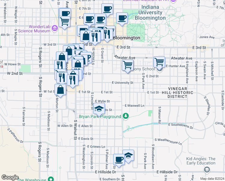 map of restaurants, bars, coffee shops, grocery stores, and more near 412 East 1st Street in Bloomington