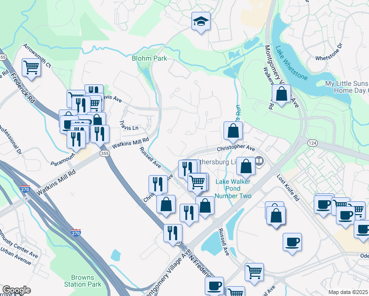 map of restaurants, bars, coffee shops, grocery stores, and more near 413 Christopher Avenue in Gaithersburg