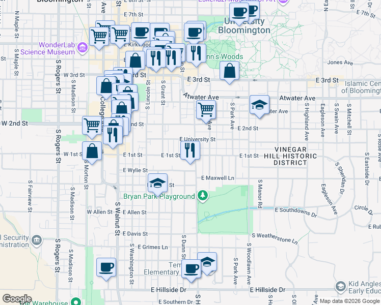 map of restaurants, bars, coffee shops, grocery stores, and more near 524 East 1st Street in Bloomington