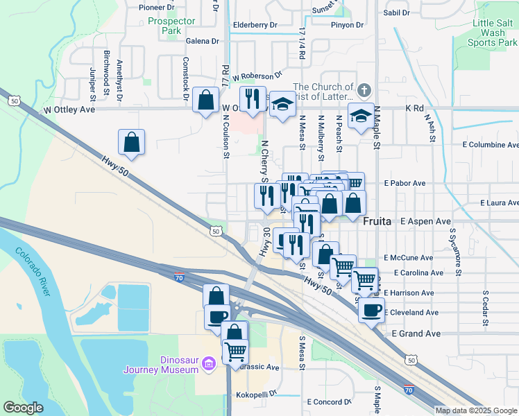 map of restaurants, bars, coffee shops, grocery stores, and more near 127 North Cherry Street in Fruita