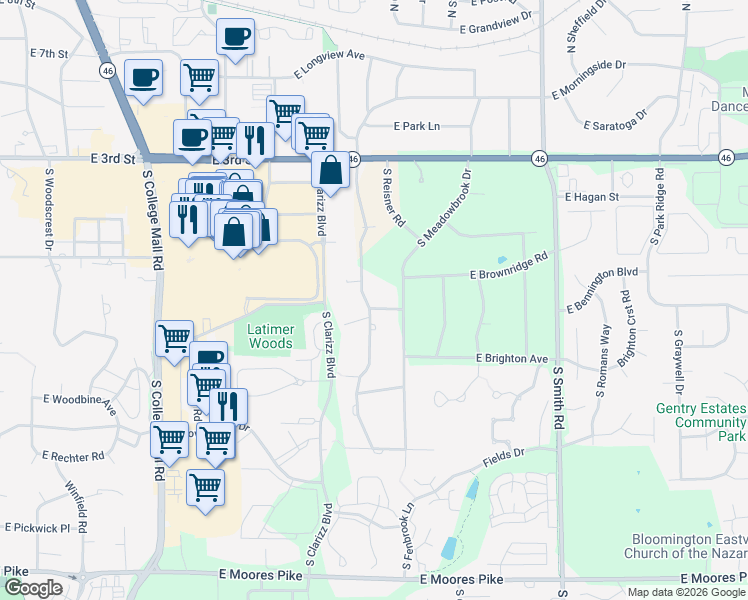map of restaurants, bars, coffee shops, grocery stores, and more near 701 South Pleasant Ridge Road in Bloomington