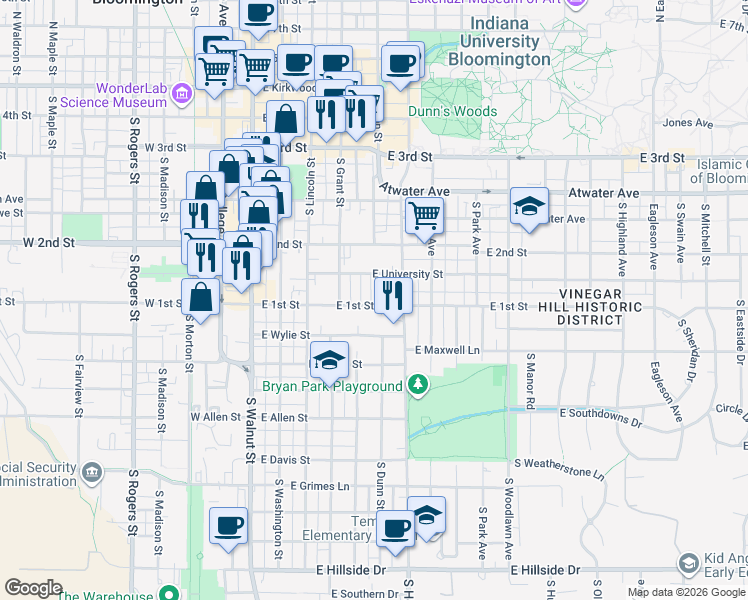 map of restaurants, bars, coffee shops, grocery stores, and more near 412 East 1st Street in Bloomington