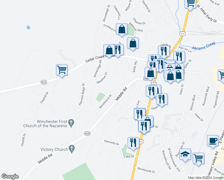 map of restaurants, bars, coffee shops, grocery stores, and more near 2507 Windwood Drive in Winchester