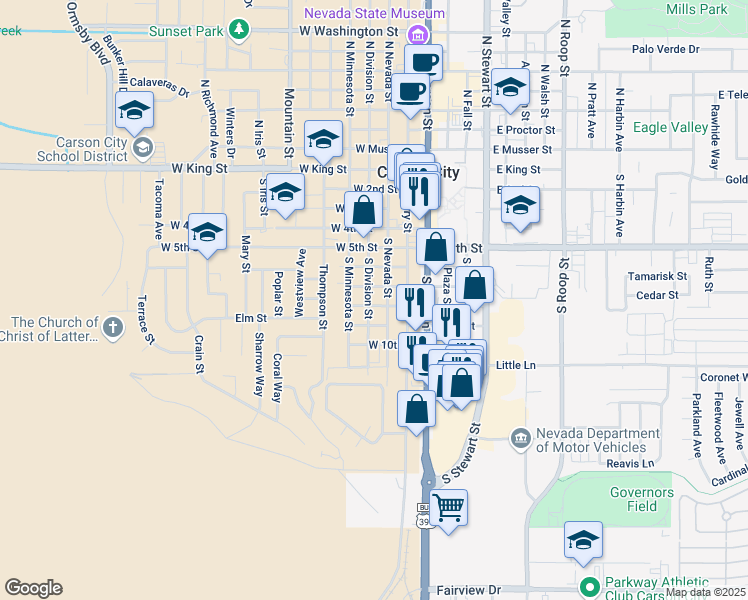 map of restaurants, bars, coffee shops, grocery stores, and more near 326 West 9th Street in Carson City