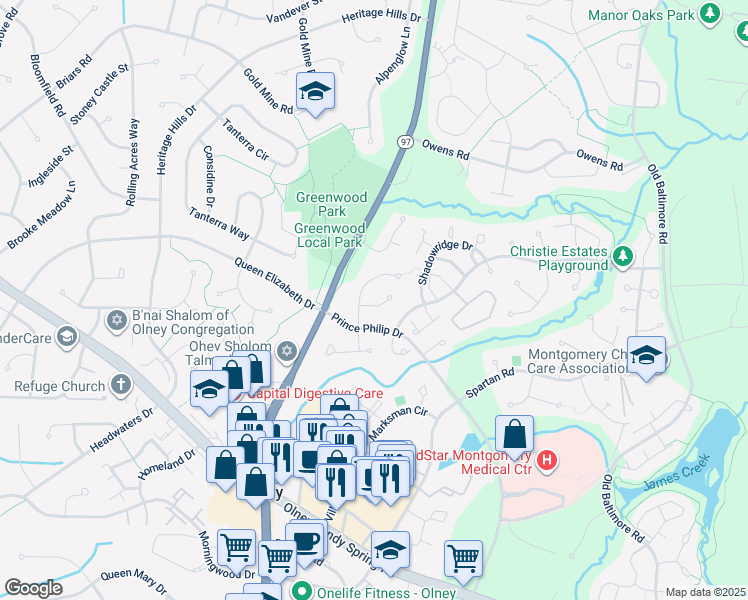 map of restaurants, bars, coffee shops, grocery stores, and more near 3007 Viburnum Place in Olney
