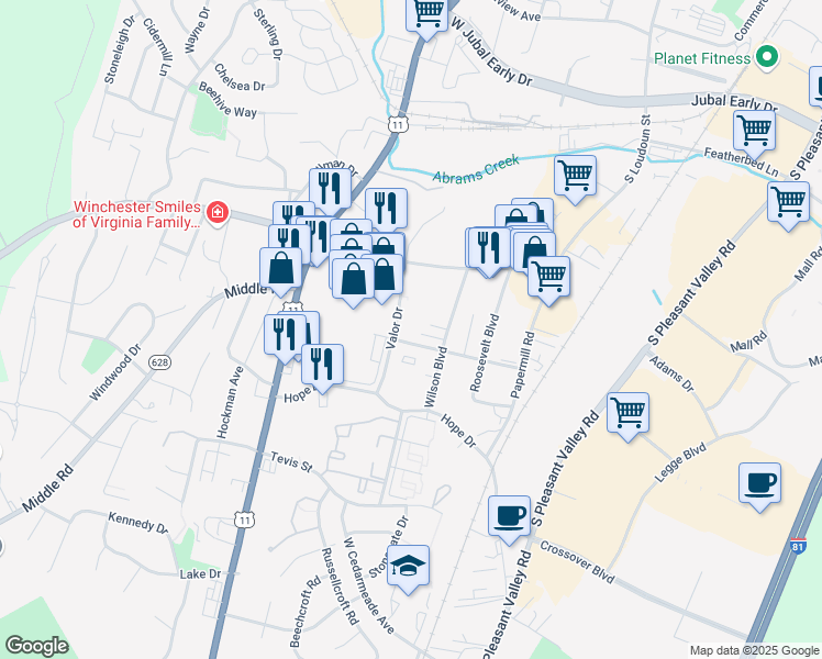 map of restaurants, bars, coffee shops, grocery stores, and more near 2270 Valor Drive in Winchester
