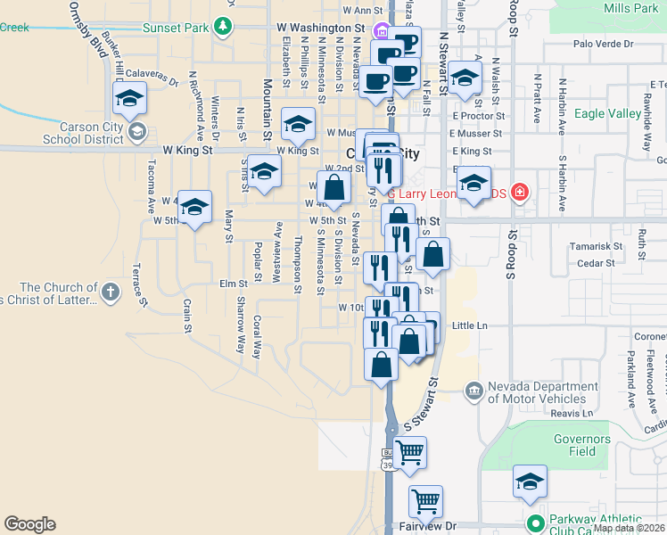 map of restaurants, bars, coffee shops, grocery stores, and more near 868 South Minnesota Street in Carson City