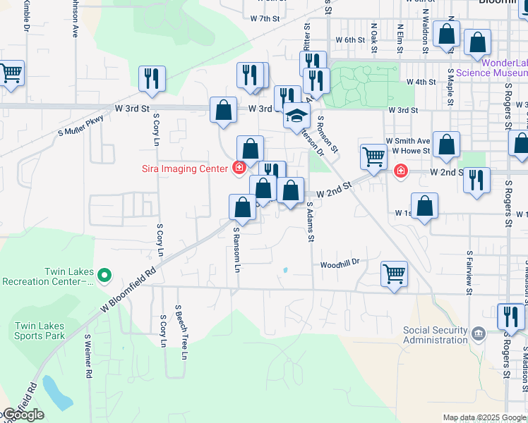map of restaurants, bars, coffee shops, grocery stores, and more near 1355 West Bloomfield Road in Bloomington