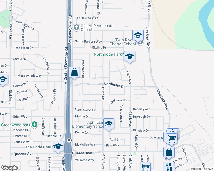 map of restaurants, bars, coffee shops, grocery stores, and more near 1735 Greengate Street in Yuba City