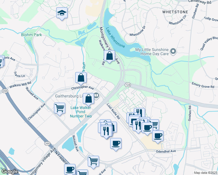 map of restaurants, bars, coffee shops, grocery stores, and more near 9742 Hellingly Place in Montgomery Village