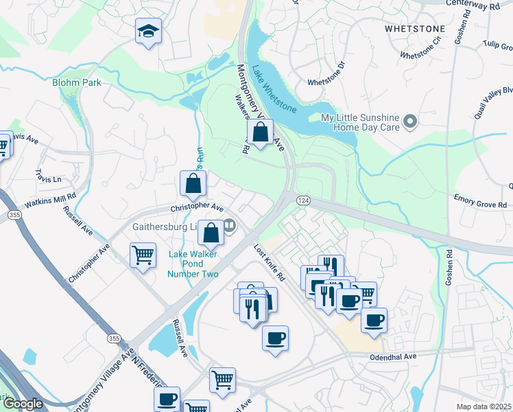 map of restaurants, bars, coffee shops, grocery stores, and more near 9728 Hellingly Place in Montgomery Village