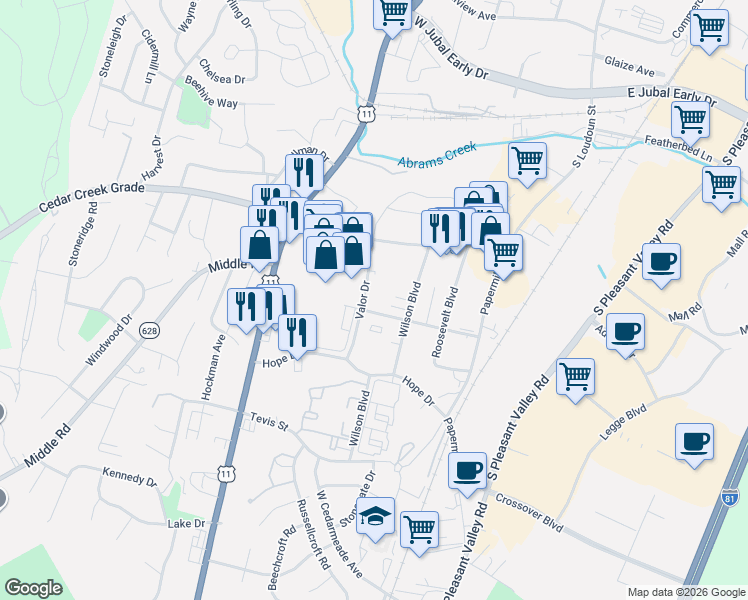 map of restaurants, bars, coffee shops, grocery stores, and more near 2270 Valor Drive in Winchester