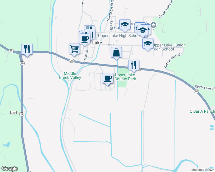 map of restaurants, bars, coffee shops, grocery stores, and more near 375 California 20 in Upper Lake