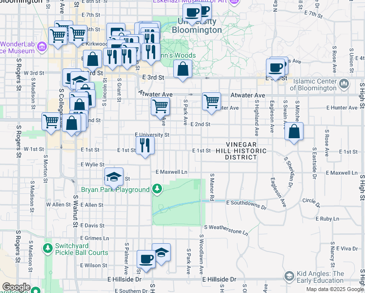map of restaurants, bars, coffee shops, grocery stores, and more near 800 East 1st Street in Bloomington