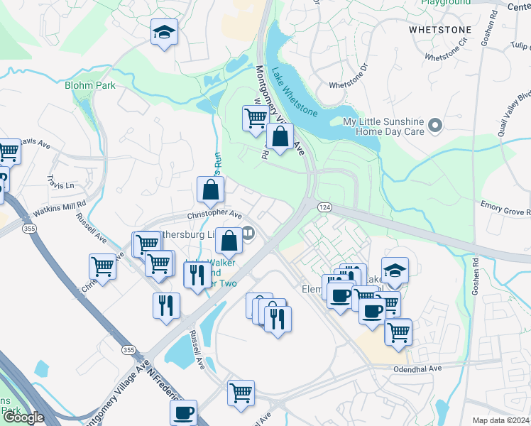 map of restaurants, bars, coffee shops, grocery stores, and more near 18437 Bishopstone Court in Montgomery Village