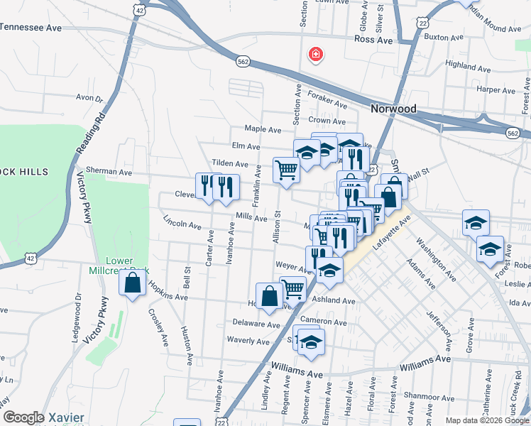 map of restaurants, bars, coffee shops, grocery stores, and more near 1912 Mills Avenue in Cincinnati