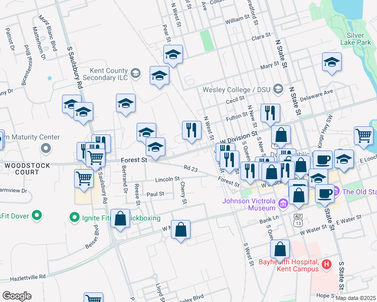map of restaurants, bars, coffee shops, grocery stores, and more near 5 Ridgely Street in Dover