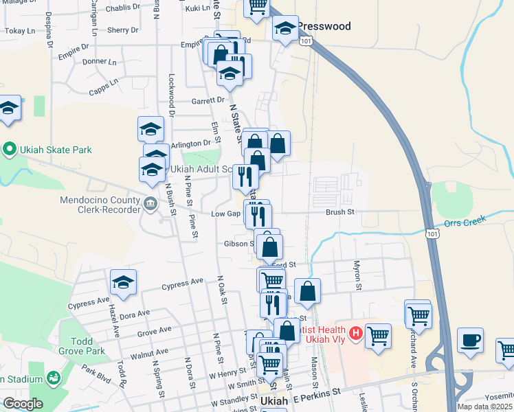 map of restaurants, bars, coffee shops, grocery stores, and more near 859-895 N State St in Ukiah