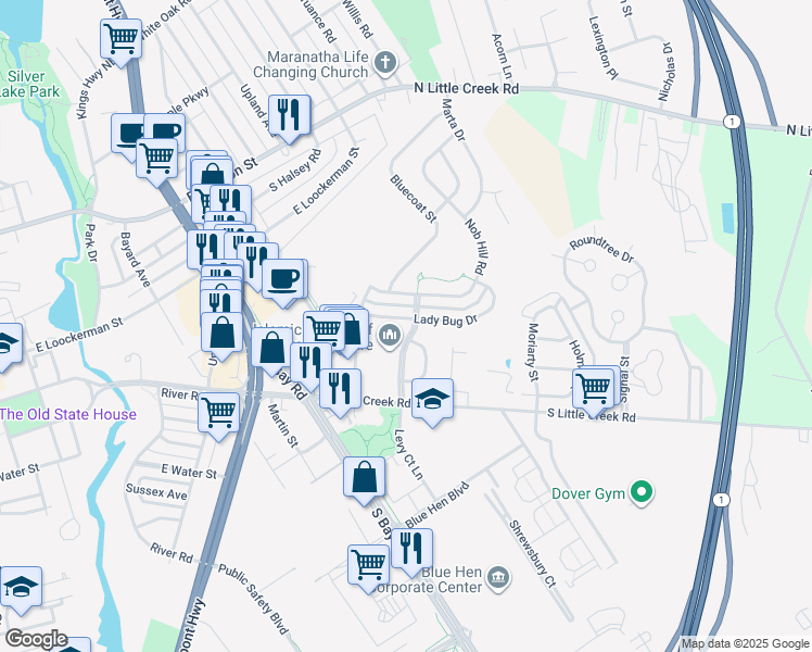 map of restaurants, bars, coffee shops, grocery stores, and more near 59 Mer Way in Dover