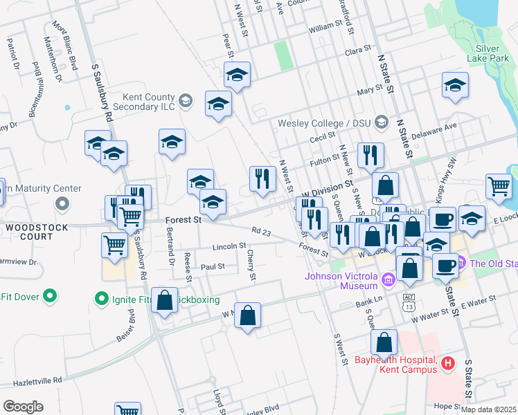 map of restaurants, bars, coffee shops, grocery stores, and more near 630 Delaware 8 in Dover