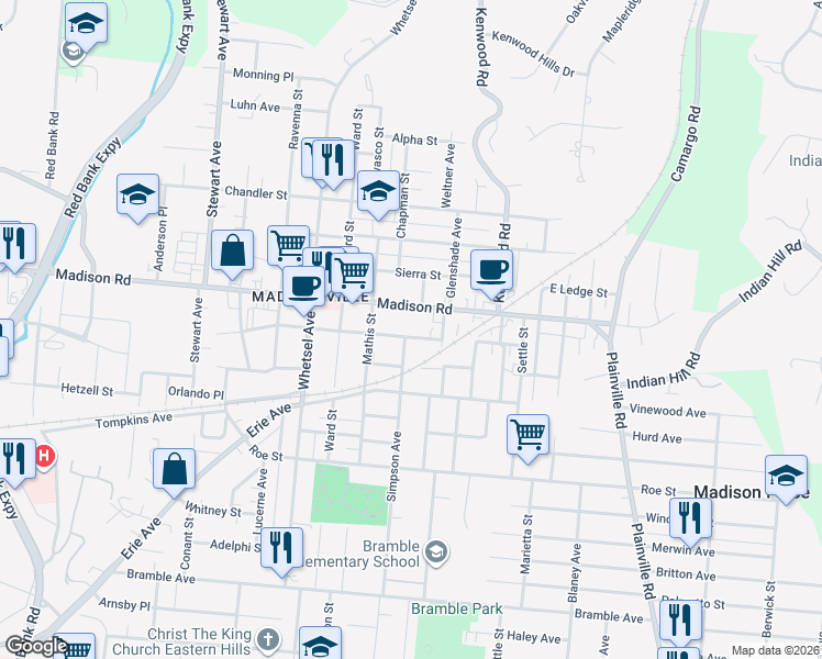 map of restaurants, bars, coffee shops, grocery stores, and more near 6217 Prentice Street in Cincinnati