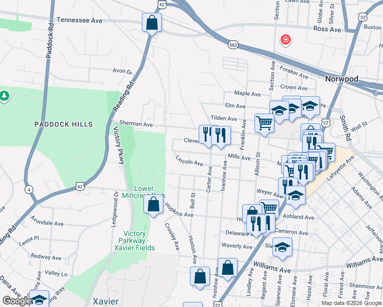 map of restaurants, bars, coffee shops, grocery stores, and more near 1750 Lincoln Avenue in Cincinnati